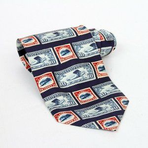 Josh Bach Blue Red Vintage Postage Stamp Airplane Biplane Silk Mens Necktie Tie